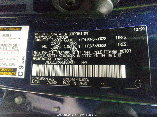 2021 TOYOTA 4RUNNER LIMITED VIN: JTEKU5JRXM5895900