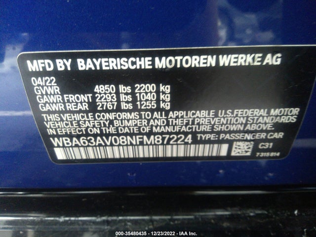 2022 BMW 4 Series, VIN: WBA63AV08NFM87224