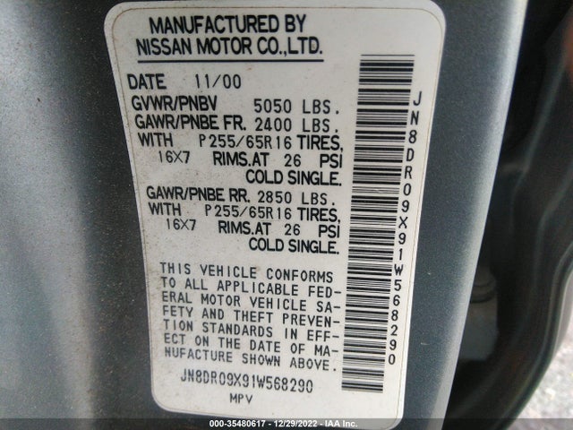 2001 NISSAN PATHFINDER LE VIN: JN8DR09X91W568290