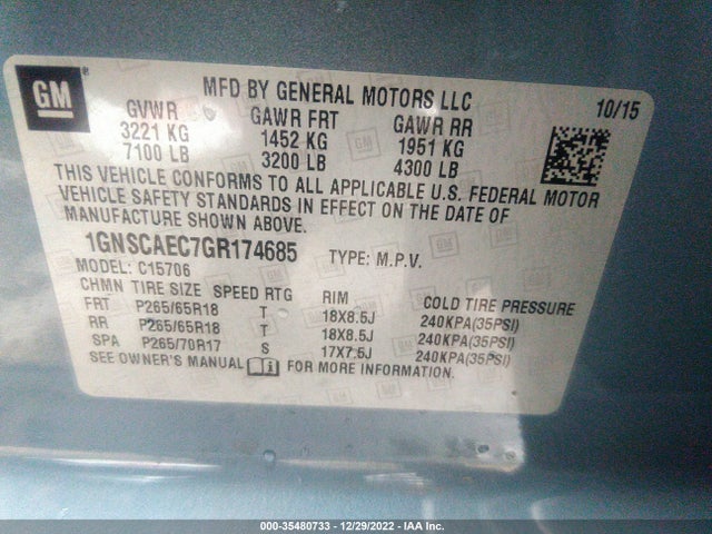 2016 Chevrolet Tahoe, VIN: 1GNSCAEC7GR174685