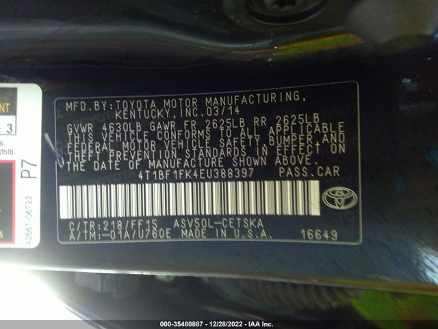 2014 TOYOTA CAMRY L/LE/XLE/SE/SE SPORT VIN: 4T1BF1FK4EU388397