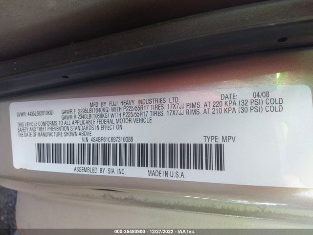 2009 SUBARU OUTBACK SPECIAL EDTN VIN: 4S4BP61C697310086