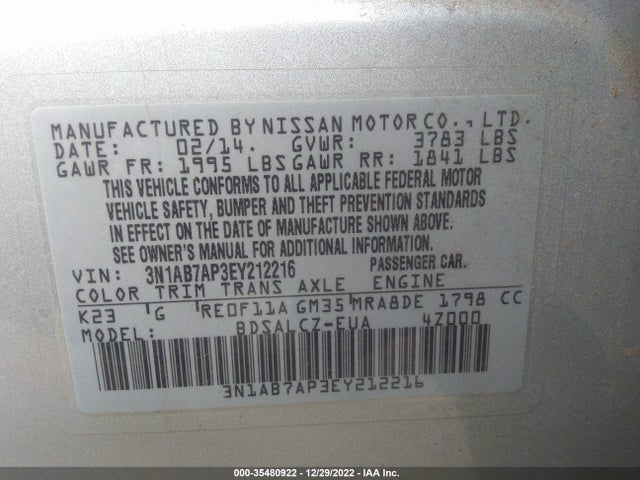 2014 NISSAN SENTRA S VIN: 3N1AB7AP3EY212216