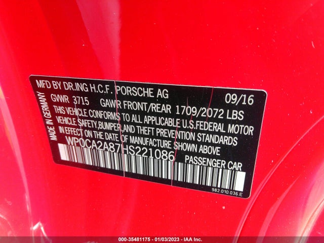 2017 Porsche Boxster, VIN: WP0CA2A87HS221086