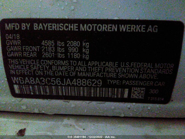 2018 BMW 3 Series, VIN: WBA8A3C56JA488629