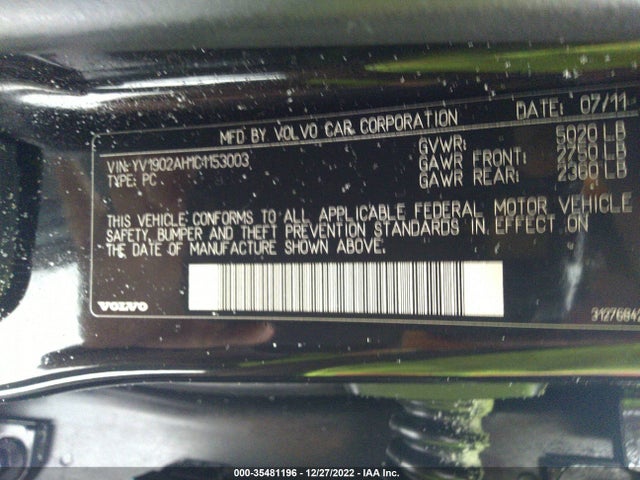 2012 VOLVO S80 3.0L VIN: YV1902AH1C1153003