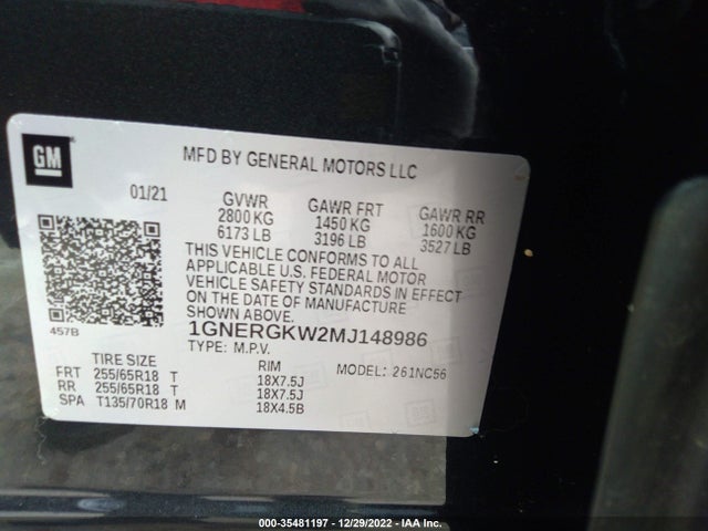 Chevrolet Traverse Lt Cloth 2021 1GNERGKW2MJ148986 Image 9