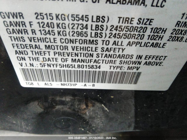 2020 Honda Pilot, VIN: 5FNYF5H65LB015834