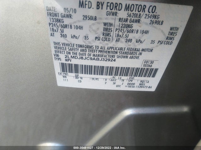 2010 LINCOLN MKX VIN: 2LMDJ8JC9ABJ32924
