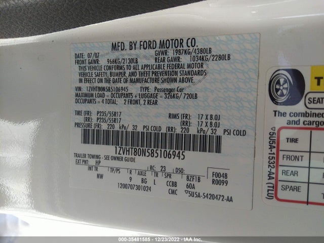 2008 FORD MUSTANG DELUXE/PREMIUM VIN: 1ZVHT80N585106945