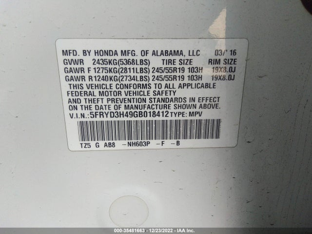 2016 Acura MDX, VIN: 5FRYD3H49GB018412