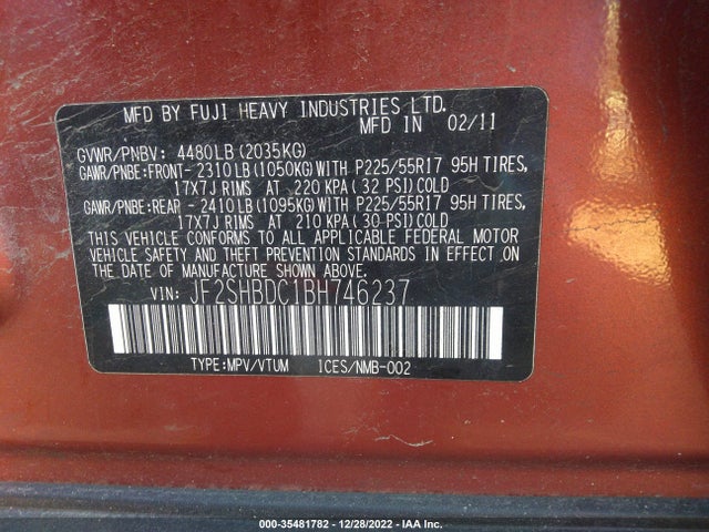 2011 SUBARU FORESTER 2.5X PREMIUM VIN: JF2SHBDC1BH746237