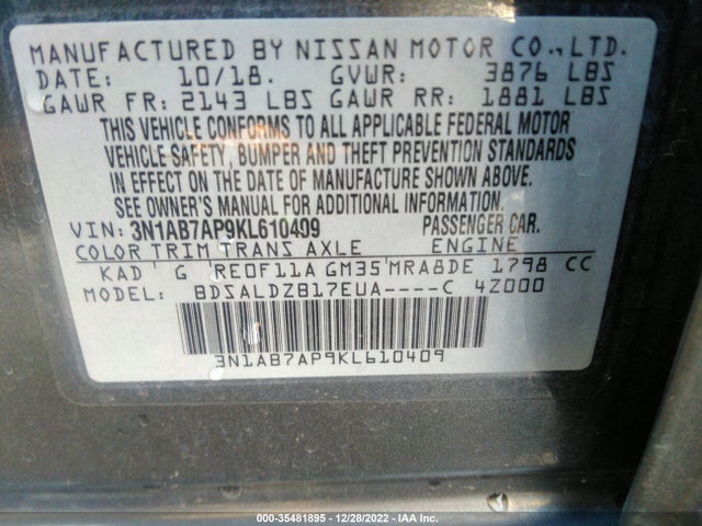 2019 NISSAN SENTRA SV VIN: 3N1AB7AP9KL610409