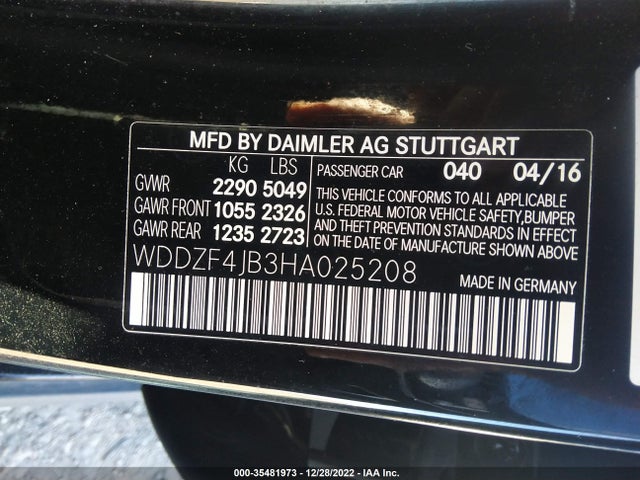 2017 MERCEDES-BENZ E-CLASS E 300 VIN: WDDZF4JB3HA025208
