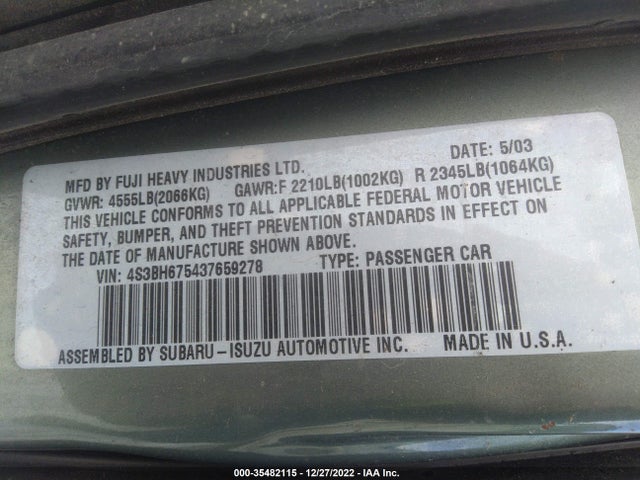 2003 SUBARU LEGACY WAGON OUTBACK VIN: 4S3BH675437659278