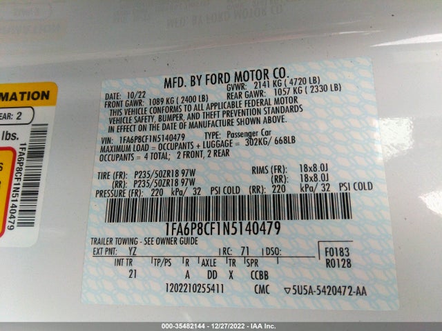 2022 FORD MUSTANG GT VIN: 1FA6P8CF1N5140479