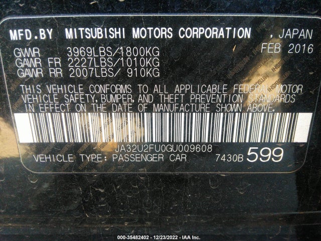 JA32U2FU0GU009608 Mitsubishi LANCER ES