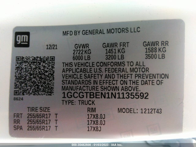 2022 Chevrolet Colorado, VIN: 1GCGTBEN1N1135592
