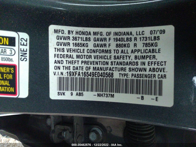 Продаж на аукціоні авто 2009 Honda Civic Sdn Lx, vin: 19XFA16549E040568, номер лоту: 35482576