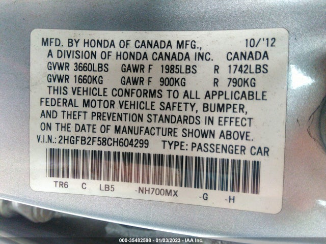 2012 HONDA CIVIC SDN LX VIN: 2HGFB2F58CH604299