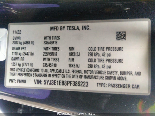 5YJ3E1EB8PF389223 Tesla MODEL 3