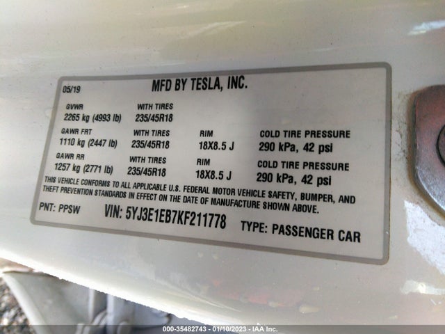 Tesla Model 3 Long Range/performance 2019 5YJ3E1EB7KF211778 Image 10