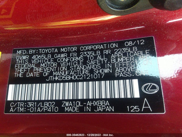Lexus CT 200H 2012 JTHKD5BH0C2121017 Image 10