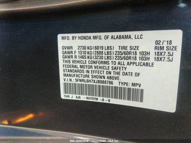 2018 Honda Odyssey, VIN: 5FNRL6H7XJB088786