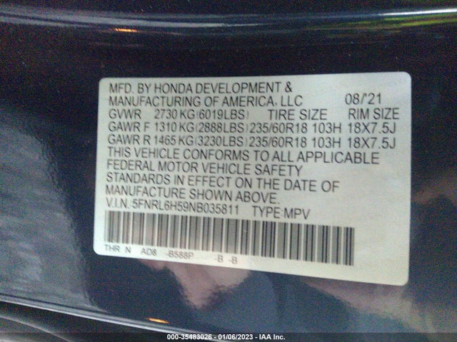Honda ODYSSEY EX 2022 5FNRL6H59NB035811 Image 9