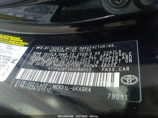 2006 TOYOTA CAMRY SOLARA V6 VIN: 4T1FA38P26U088055