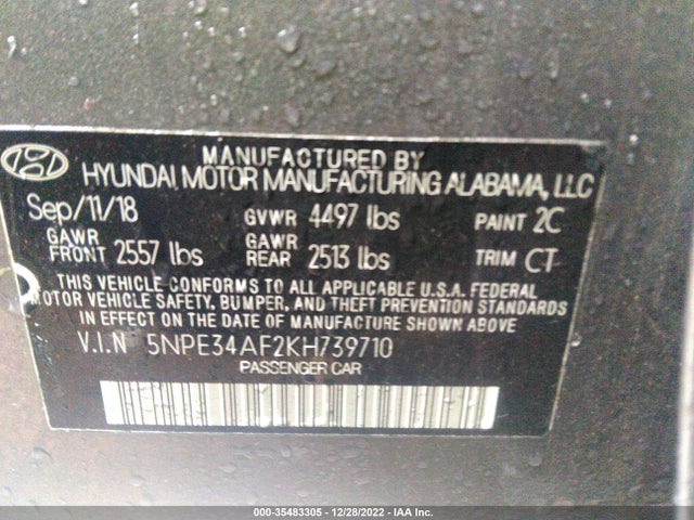2019 HYUNDAI SONATA LIMITED VIN: 5NPE34AF2KH739710