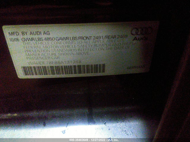2006 AUDI A4 2.0T VIN: WAUDF78E86A131248
