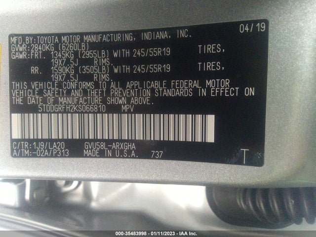 2019 Toyota Highlander, VIN: 5TDDGRFH2KS066810