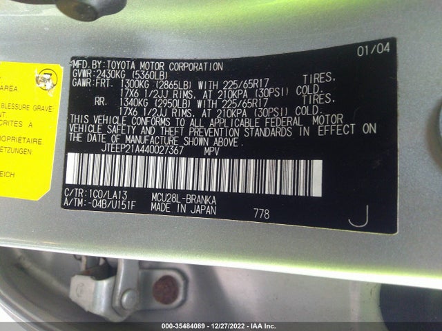 2004 TOYOTA HIGHLANDER VIN: JTEEP21A440027367