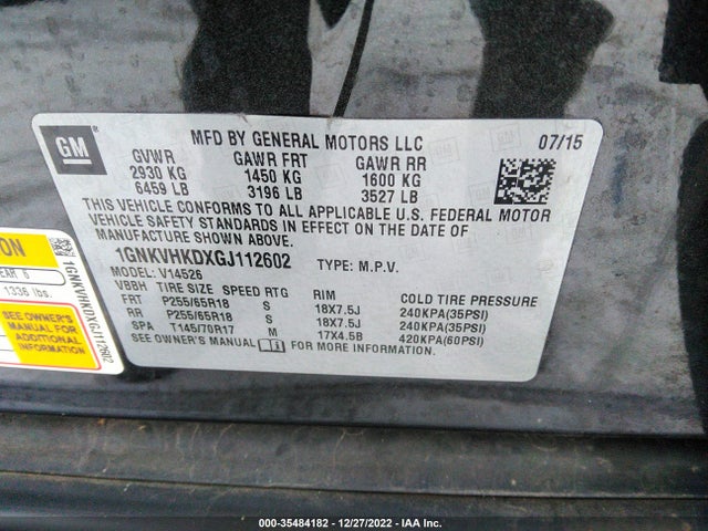 Chevrolet Traverse Lt 2016 1GNKVHKDXGJ112602 Image 9