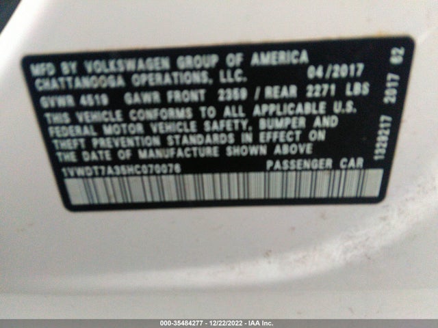 1VWDT7A35HC070076 Volkswagen Passat R-line W/comfort Pkg