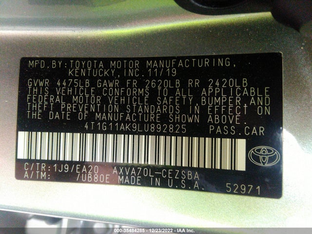 2020 TOYOTA CAMRY SE VIN: 4T1G11AK9LU892825