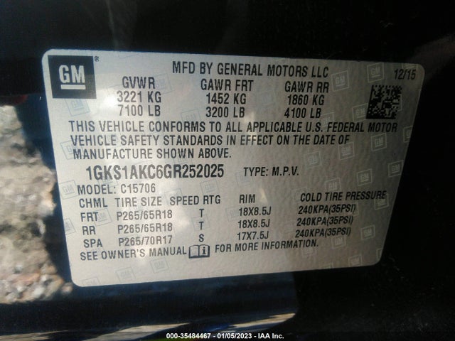 2016 GMC Yukon, VIN: 1GKS1AKC6GR252025
