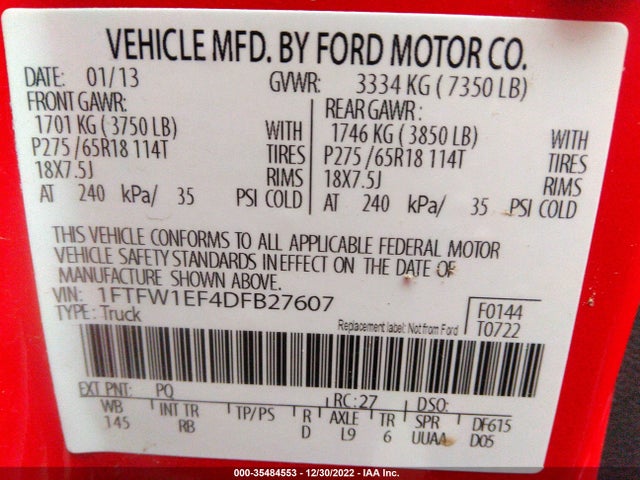 2013 FORD F-150 XL/XLT/FX4/LARIAT VIN: 1FTFW1EF4DFB27607