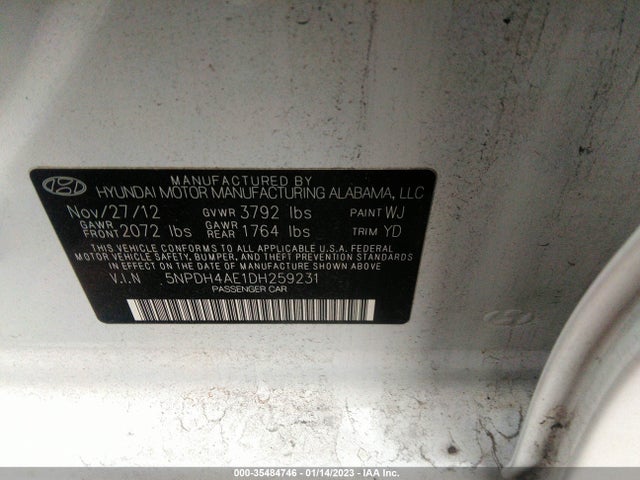 2013 HYUNDAI ELANTRA LIMITED VIN: 5NPDH4AE1DH259231