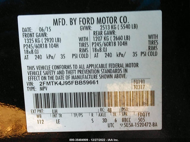 2015 Ford Edge, VIN: 2FMTK4J95FBB59661