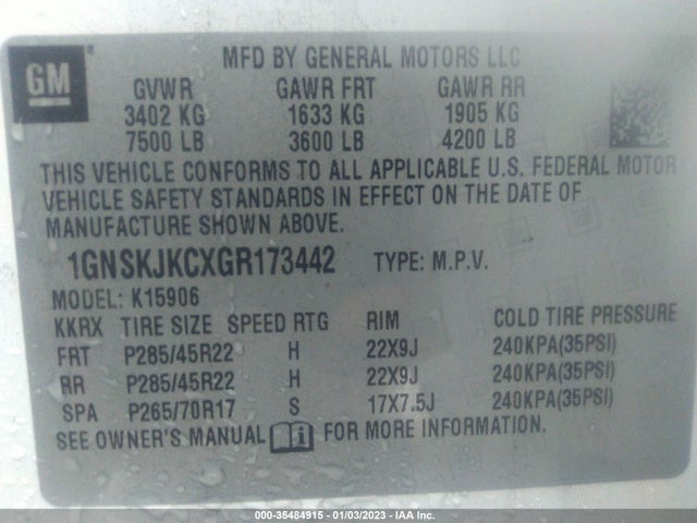 2016 Chevrolet Suburban, VIN: 1GNSKJKCXGR173442