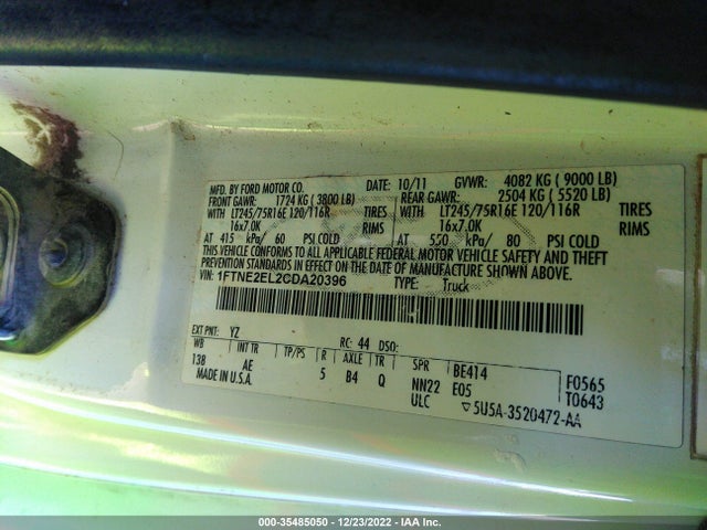 2012 FORD ECONOLINE CARGO VAN RECREATIONAL/COMMERCIAL VIN: 1FTNE2EL2CDA20396