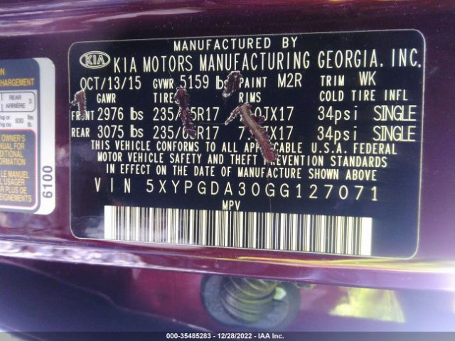 5XYPGDA30GG127071 KIA SORENTO LX