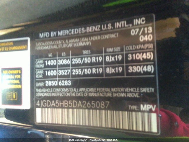 2013 MERCEDES-BENZ M-CLASS ML 350 VIN: 4JGDA5HB5DA265087