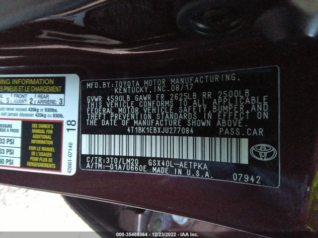 2018 Toyota Avalon, VIN: 4T1BK1EBXJU277084