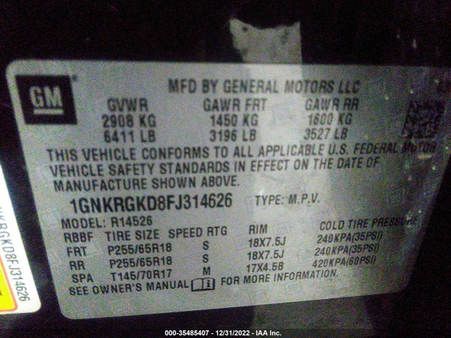 2015 Chevrolet Traverse, VIN: 1GNKRGKD8FJ314626