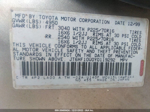 JT6HF10U0Y0119292 Lexus RX 300