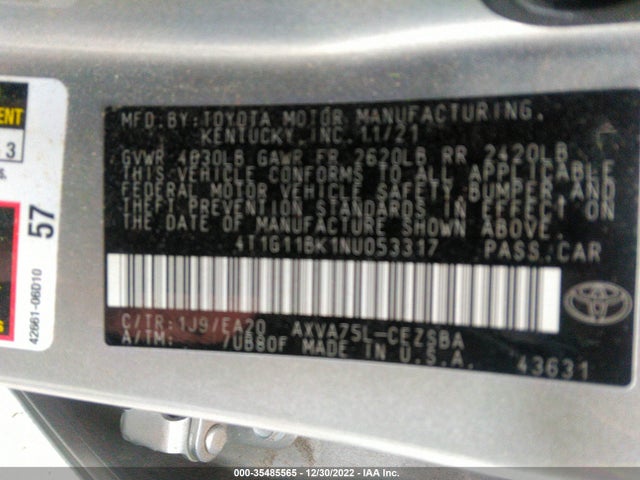 2022 Toyota Camry, VIN: 4T1G11BK1NU053317