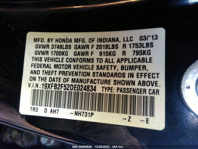 2013 HONDA CIVIC SDN LX VIN: 19XFB2F52DE024834